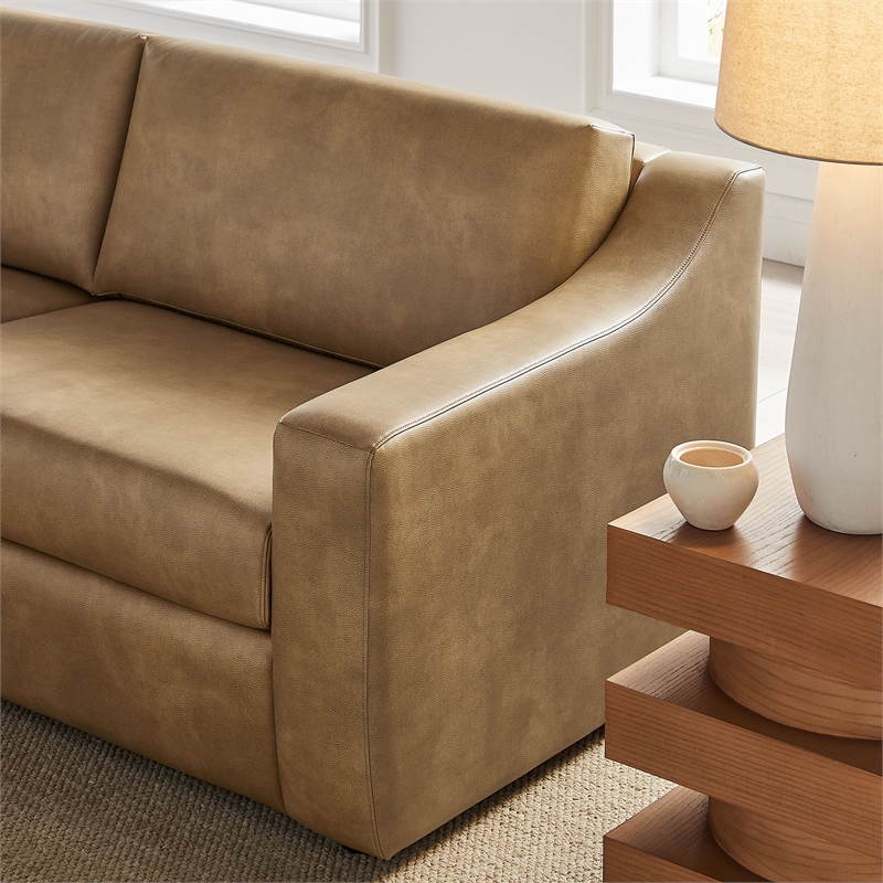 Liora 87 Inch Vegan Leather Sofa with Sloped Arms in Toast