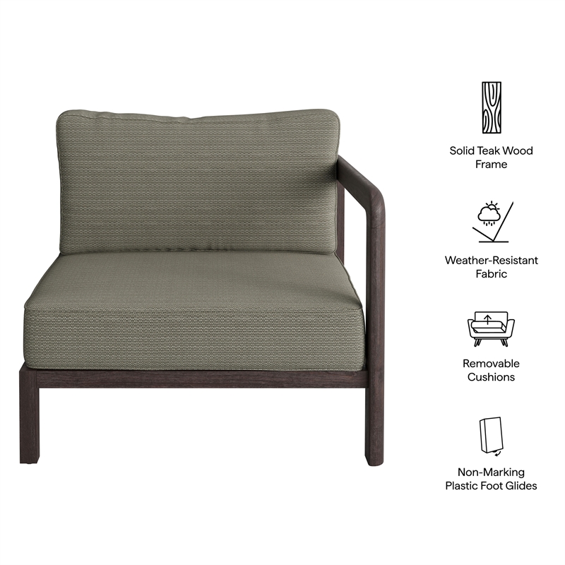 Kona Outdoor Teak Wood Right-Arm Facing Modular Armchair in Ash