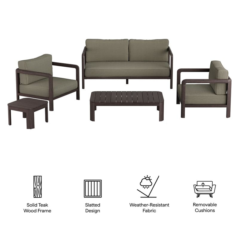 Kona 5-Piece Outdoor Teak Wood Furniture Set in Ash