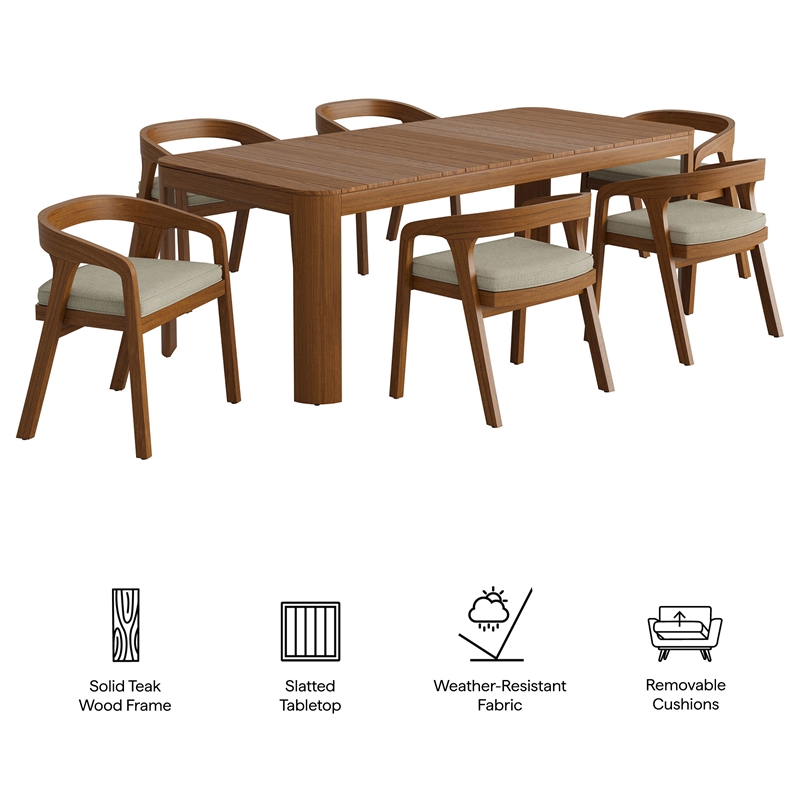 Kona 7-Piece Outdoor Teak Wood Dining Set in Sand