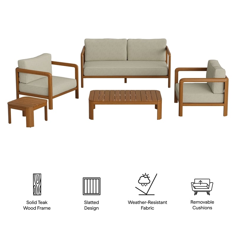 Kona 5-Piece Outdoor Teak Wood Furniture Set in Sand