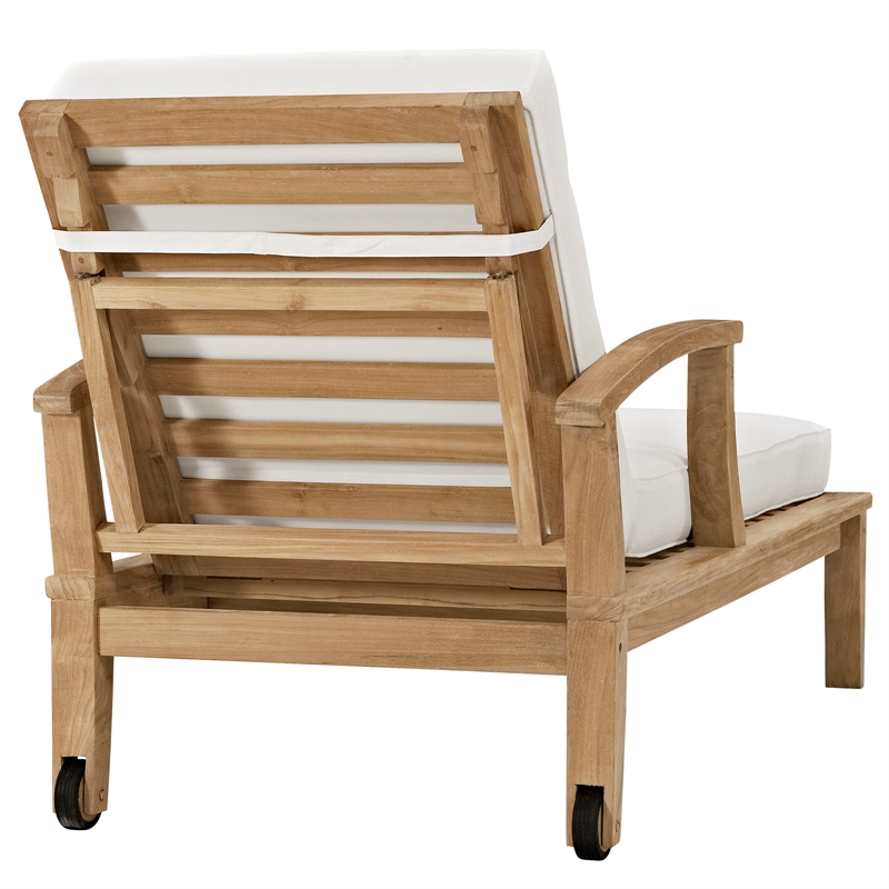 Modway Marina Modern Wood Patio Teak Single Chaise in Natural/White