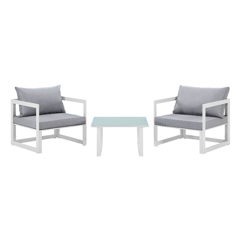 Modway Fortuna 3-Piece Aluminum Fabric Patio Sectional Sofa Set in White/Gray