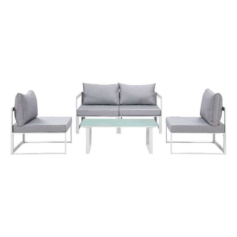 Modway Fortuna 5-Piece Aluminum Fabric Patio Sectional Sofa Set in White/Gray