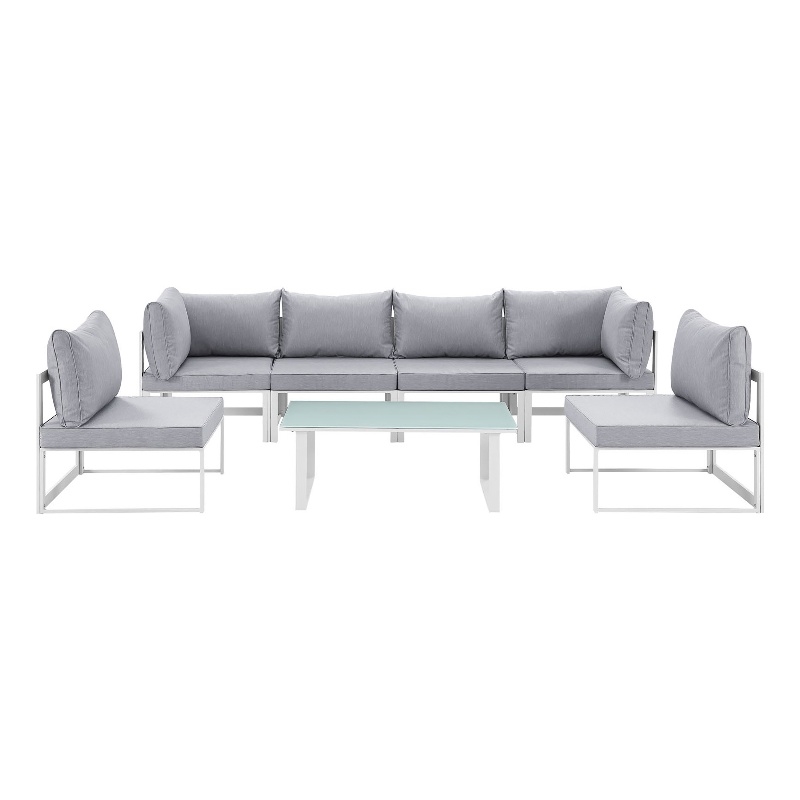 Modway Fortuna 7-Piece Aluminum Fabric Patio Sectional Sofa Set in Gray/White