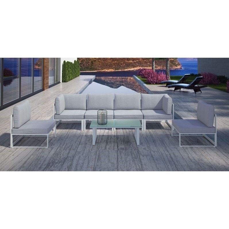 Modway Fortuna 7-Piece Aluminum Fabric Patio Sectional Sofa Set in Gray/White
