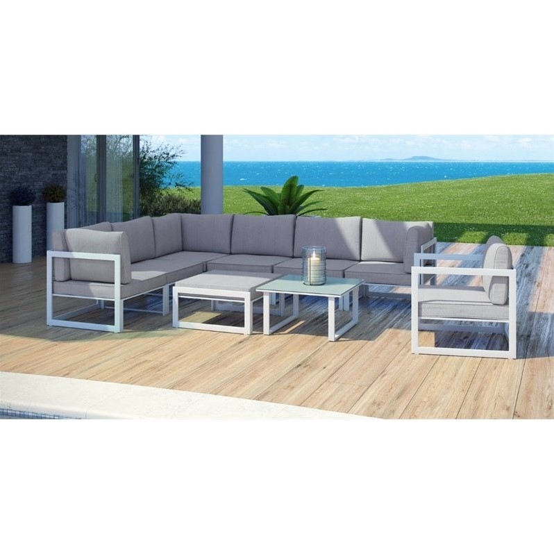 Modway Fortuna 9-Piece Aluminum Fabric Patio Sectional Sofa Set in White/Gray