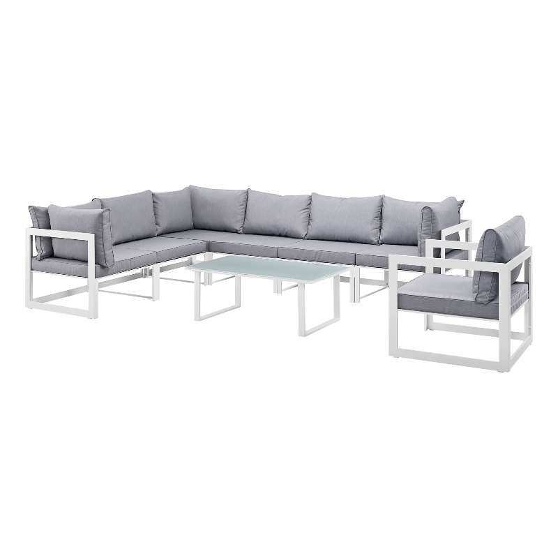 Modway Fortuna 8-Piece Aluminum Fabric Patio Sectional Sofa Set in White/Gray