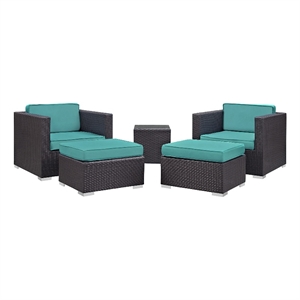 Modway Convene 5-Piece Aluminum Rattan Patio Sectional Set in Espresso/Turquoise