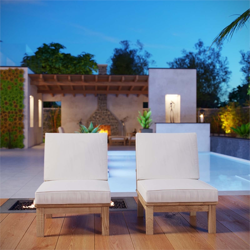 Modway Marina 2-Piece Teak Wood Patio Sofa Sectional Set in Natural/White
