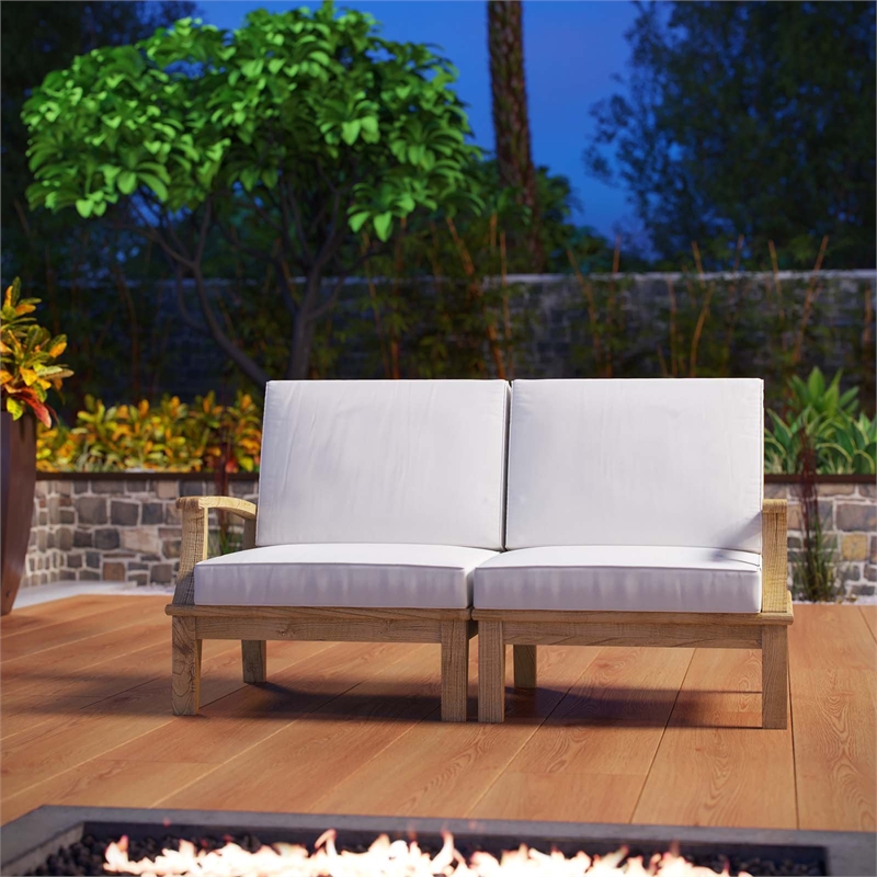 Modway Marina 2-Piece Solid Teak Wood Patio Sofa Sectional Set in Natural/White
