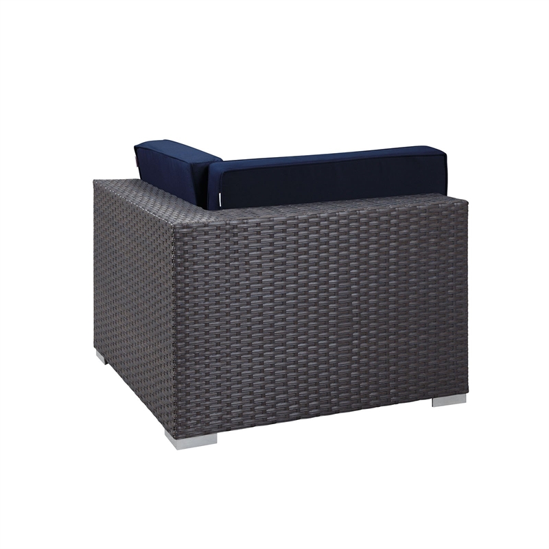 Modway Sojourn Aluminum Fabric and Rattan Patio Corner Sofa Chair in Canvas/Navy