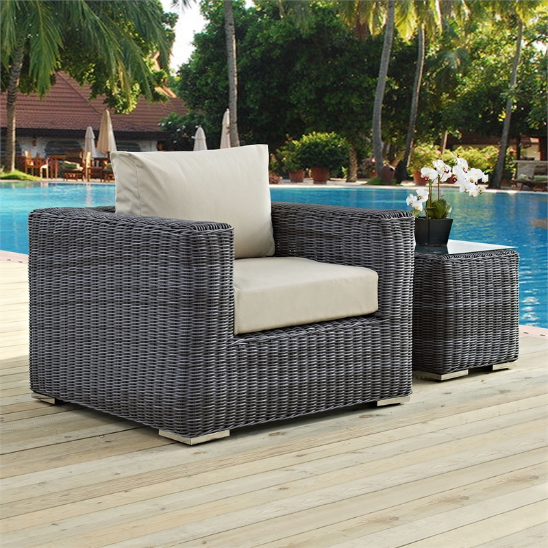 Modway Summon Aluminum Fabric and Rattan Patio Armchair in Canvas/Beige