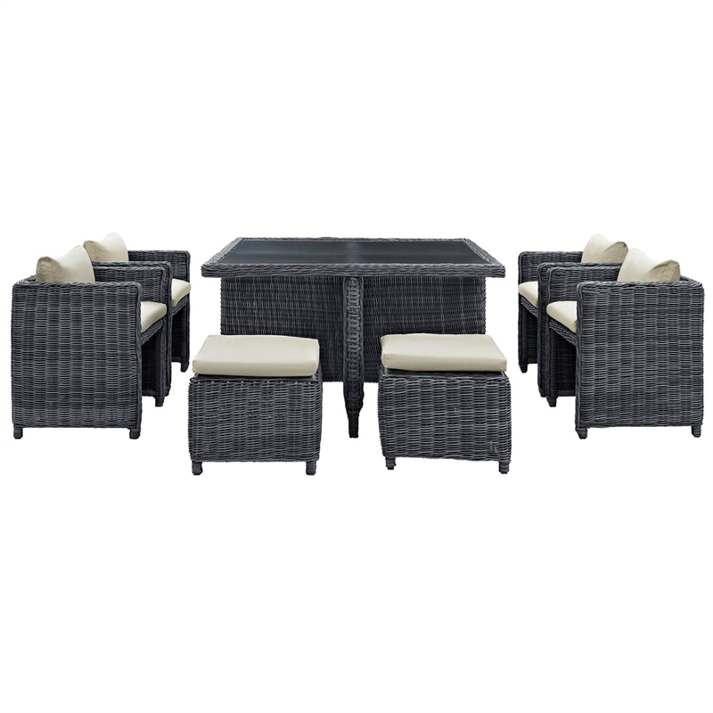 Modway Summon 9-Piece Aluminum and Rattan Patio Dining Set in Canvas/Beige