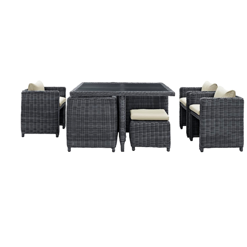 Modway Summon 9-Piece Aluminum and Rattan Patio Dining Set in Canvas/Beige