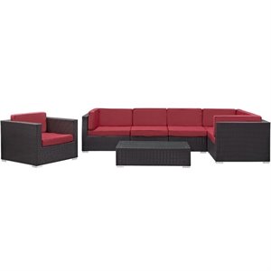 Modway Corona 7 Piece Outdoor Sofa Set in Espresso and Red