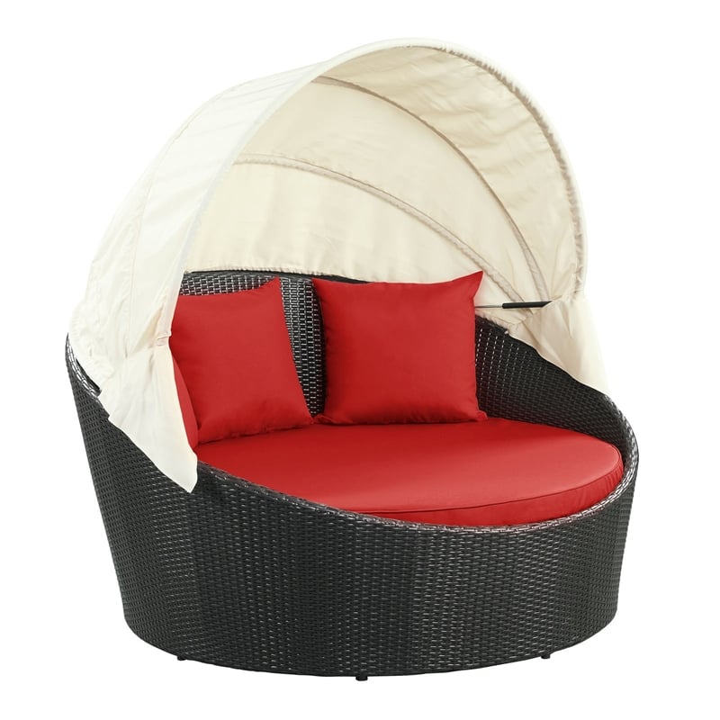 Modway Siesta Rattan Weave/Aluminum Canopy Patio Daybed in Espresso/Red
