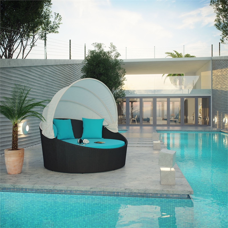 Modway Siesta Rattan Weave/Aluminum Canopy Patio Daybed in Espresso/Turquoise