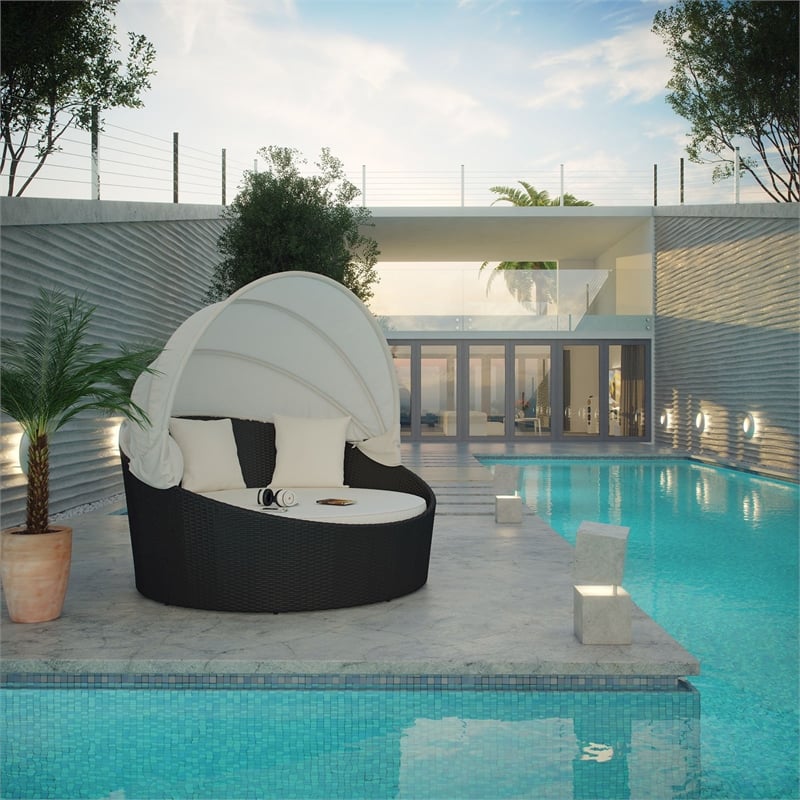 Modway Siesta Rattan Weave/Aluminum Canopy Patio Daybed in Espresso/White