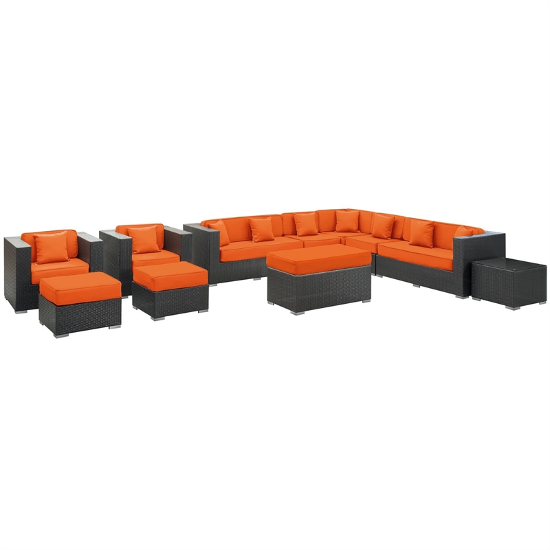 Modway Cohesion 11 Piece Outdoor Sofa Set in Espresso and Orange