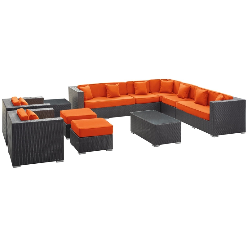 Modway Cohesion 11 Piece Outdoor Sofa Set in Espresso and Orange
