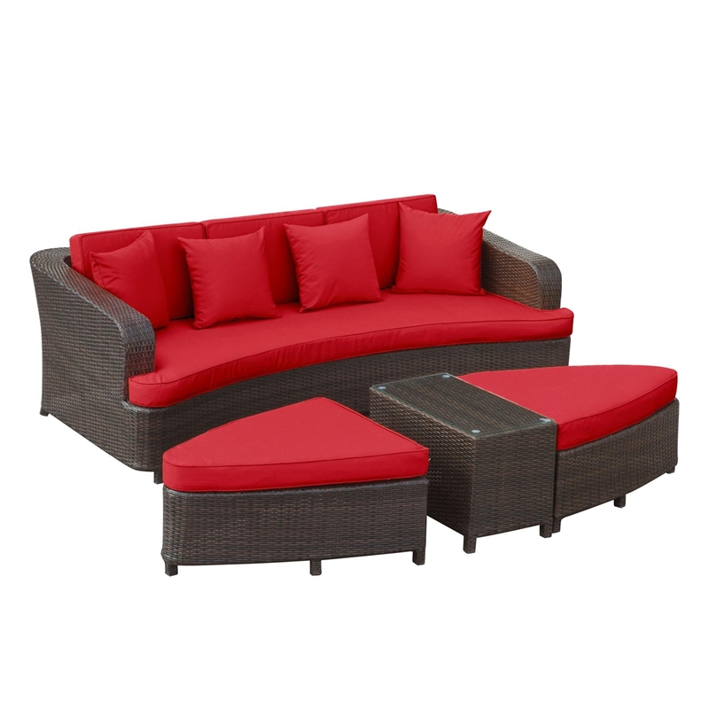 Modway Monterey 4-Piece Aluminum Rattan Outdoor Patio Sofa Set in Brown/Red