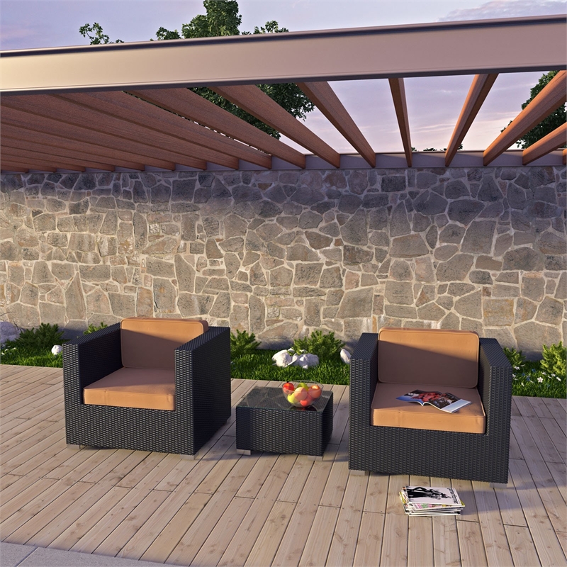Modway Burrow 3 Piece Outdoor Sofa Set in Espresso and Mocha