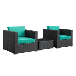 Modway Burrow 3 Piece Outdoor Sofa Set in Espresso and Turquoise