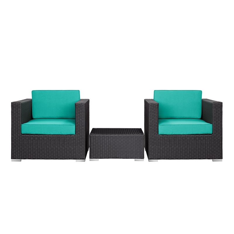 Modway Burrow 3 Piece Outdoor Sofa Set in Espresso and Turquoise