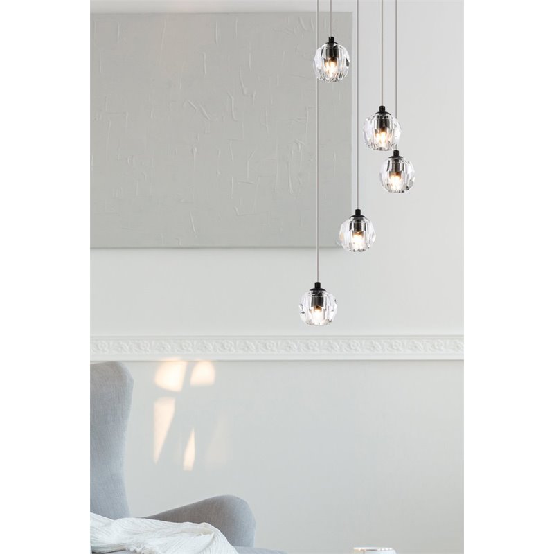 Elegant Lighting Eren 5-Light Stainless Steel and Crystal Glass Pendant in Black
