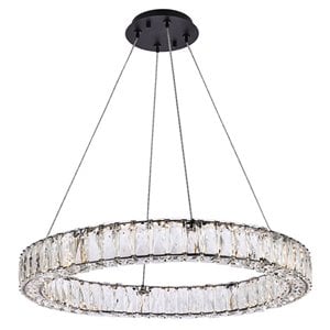 Elegant Lighting Monroe 26&quot Round Metal and Crystal LED Single Pendant in Black