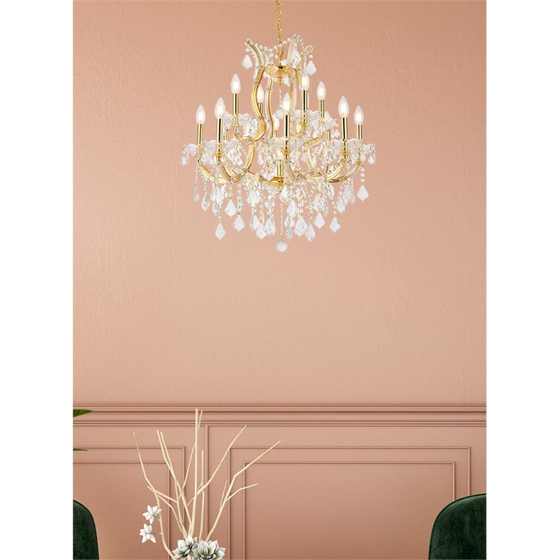 Elegant Lighting Maria Theresa 13 Light Glass Royal Crystal Chandelier in Gold
