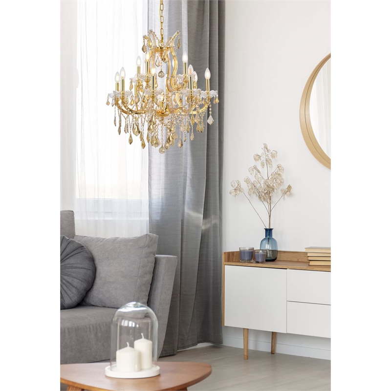 Elegant Lighting Maria Theresa 13 Light Glass Teak Crystal Chandelier in Gold