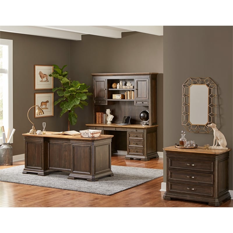 Double Pedestal Executive Desk Solid Wood Plank Top Fully Assembled Brown