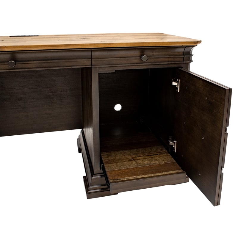 Executive Credenza Desk Writing Table With Solid Wood Plank Top Brown