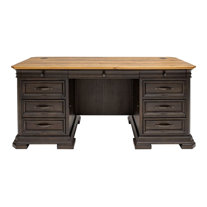 Executive Credenza Desk Writing Table With Solid Wood Plank Top Brown
