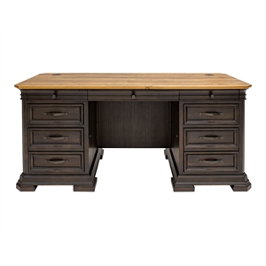 Executive Credenza Desk Writing Table With Solid Wood Plank Top Brown