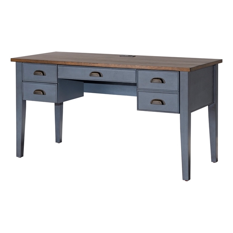 Martin Furniture Farmhouse Wood Half Pedestal Executive Desk Writing Table Office Desk Blue