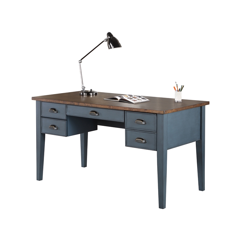 Martin Furniture Farmhouse Wood Half Pedestal Executive Desk Writing Table Office Desk Blue