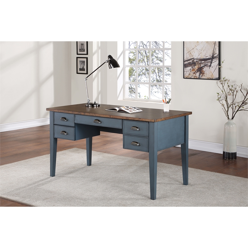 Martin Furniture Farmhouse Wood Half Pedestal Executive Desk Writing Table Office Desk Blue