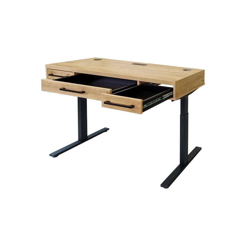 Modern Wood Laminate Office Electronic Sit Stand Desk Light Brown