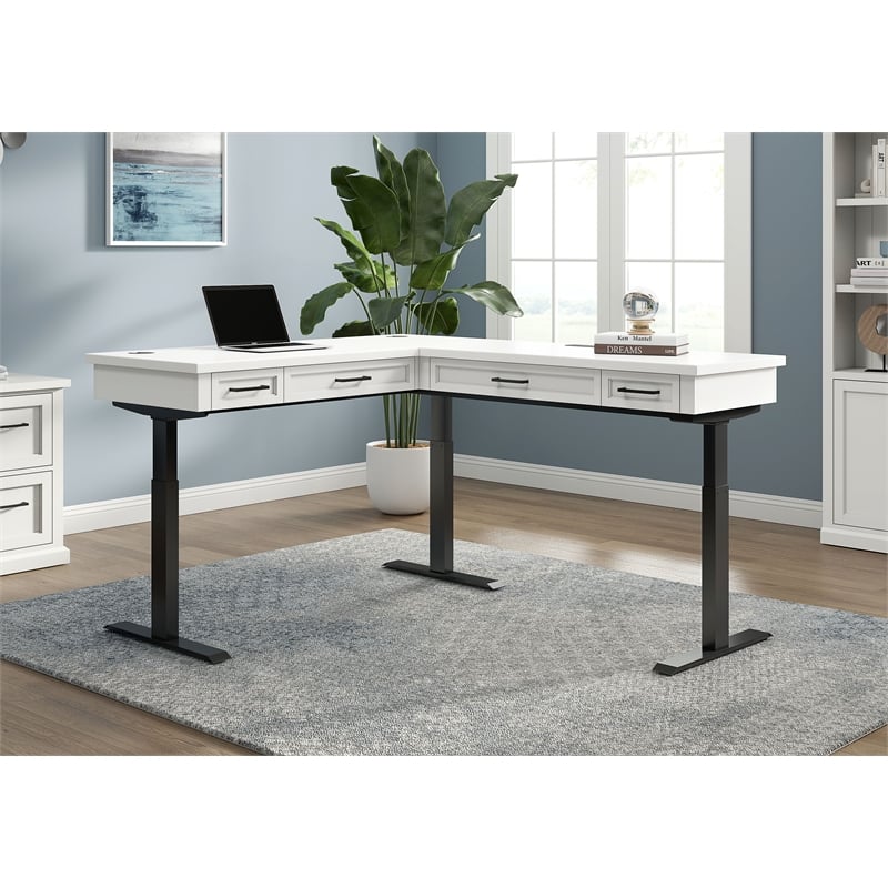 Modern Electric Sit/Stand L-Desk and Return Height Wood Desk White
