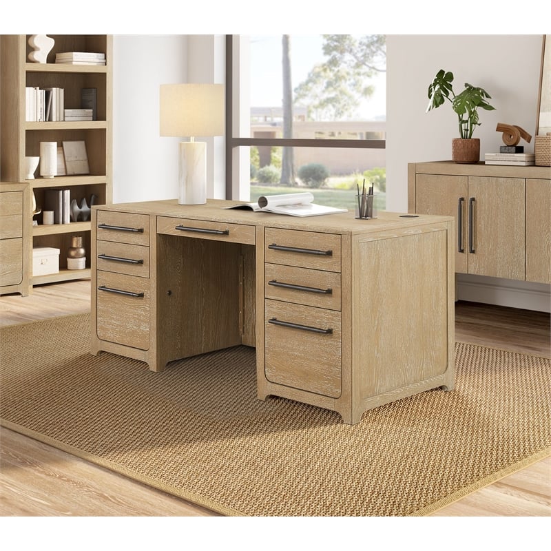 Martin Furniture Wood Double Pedestal Executive Office Desk in Light Brown