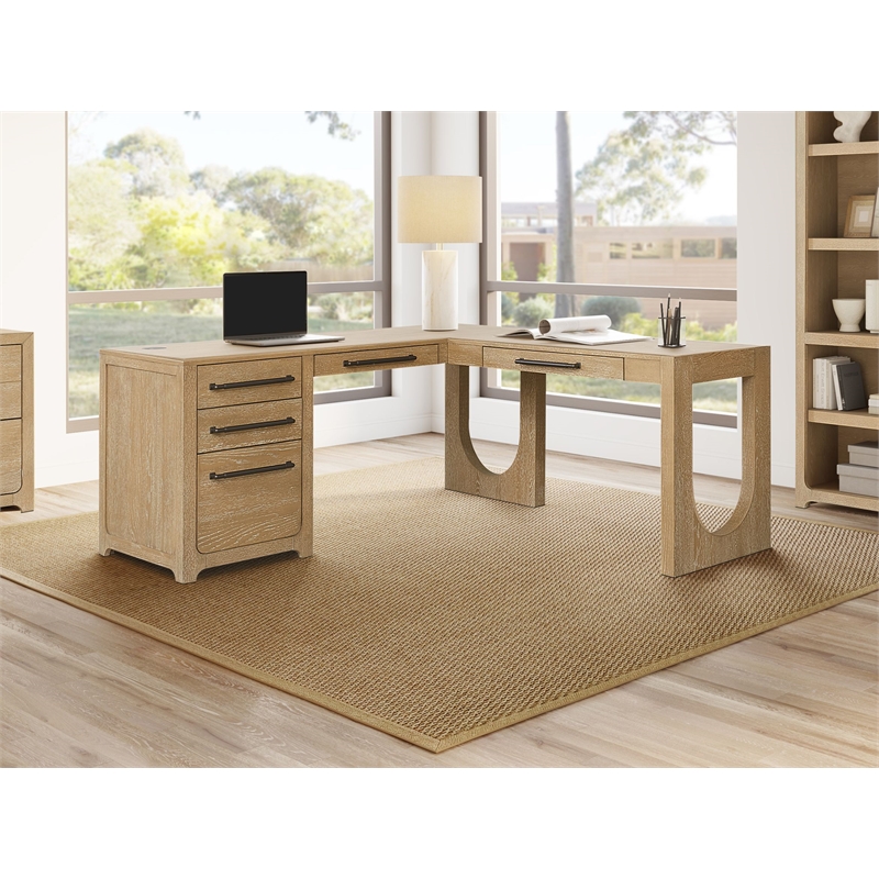Martin Furniture Wood L-Shape Pedestal Desk with RHF Open Return Corner Desk Light Brown