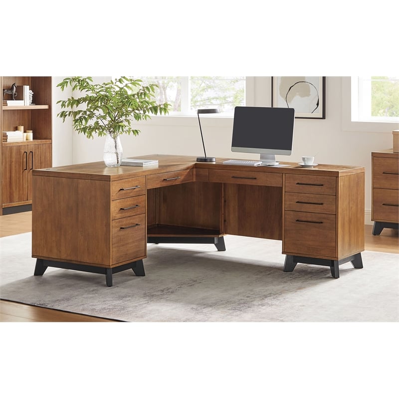 Modern Double Pedestal L-Desk Wood Office Desk Rich Medium Brown
