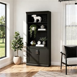 Modern Wood Lower Doors Bookcase Office Bookcase Fully Assembled Black