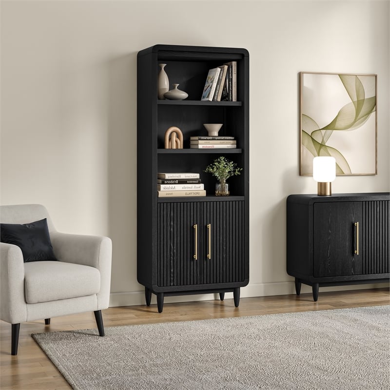 Modern Wood Bookcase With Doors Office Entertainment Fully Assembled Black