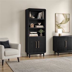 Modern Wood Bookcase With Doors Office Entertainment Fully Assembled Black