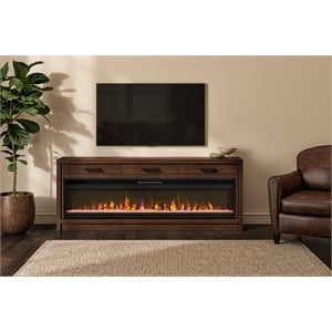 78in Wood Fireplace Console Entertainment Storage TV Stand Fully Assembled Brown
