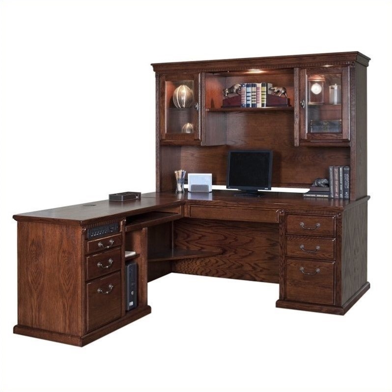 Kathy Ireland Home Oxford LShape Executive Desk with Hutch in Burnish HO684LB3pcPKG